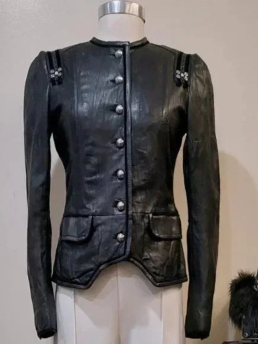 💥KILLER DESIGN💥Vintage 100% Genuine Leather Military Peplum Jacket in Black